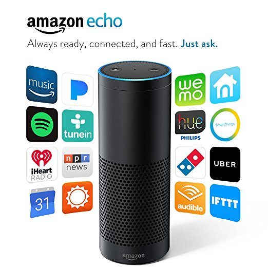 Amazon Echo surrounded by smartphone apps. Caption: Amazon Echo. Always ready, connected, and fast. Just ask.