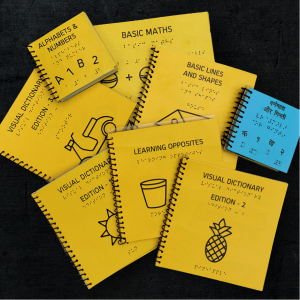 A collection of books from the Beyond Braille series, including titles like, "Alphabets & Numbers," "Learning Opposites" and "Basic Lines & Shapes."