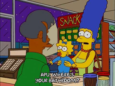 GIF of Marge Simpson holding Maggie asking Apu "Where's your bathroom?"