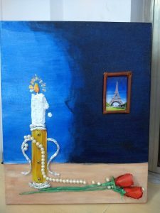 This is a painting of a candle burning on a stand that is placed on a table.