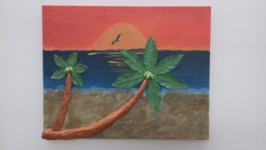 This is a painting of a beach with a sunset sky, the sea and the sand with two coconut trees. 
