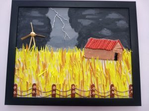 This painting shows fenced dry yellow-brown grass, dark grey sky, a lightning bolt, a hut and a windmill.