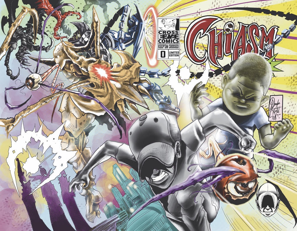 Character lil'D is in the foreground with Desmond Phillips behind him, both in aggressive, arms-spread positions, charging forward.  Ahead of them is an apple with an eyeball and spider legs sprawling outwards in midair. Behind them, the hero Chiasm battles a cosmic threat while two alien molecules float in the air.
