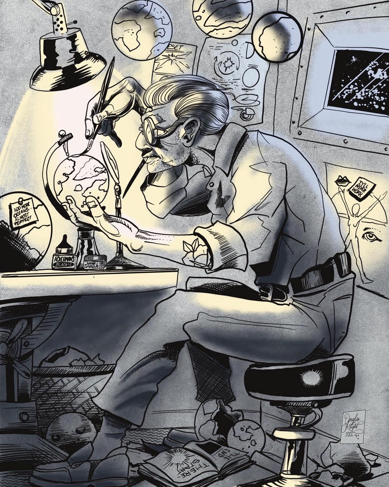 An older tattooed man sits at a drafting table painting and detailing a planet on a stand. He has a paintbrush in one hand and another brush hanging from his lips. He is wearing thick glasses and peering through a magnifying glass. Above him hangs several planet concepts from strings. Under and around him, crumpled and failed planet designs are strewn everywhere. In the background, a small window shows a galaxy through the glass.