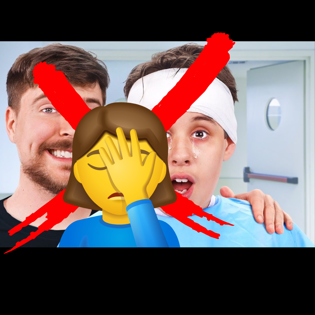 YouTuber MrBeast stands smiling with his arm around a young boy who has bandages wrapped around his head and tears coming out of his eyes. Superimposed over their photos is a large red X and an emoji of a woman doing the 