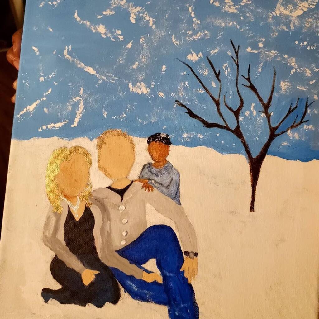 Painting of a family - mom, dad and child, sitting together outdoors on a snowy day.
