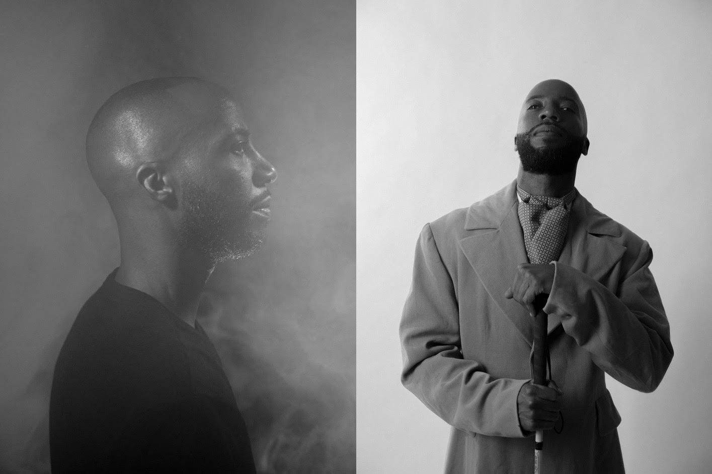 Two black and white photos of blind artist Ronnie Chism - on the left, he's in profile with smoke swirling around him. On the right, he's wearing a suit, looking up and smiling while holding his mobility cane in front of him.