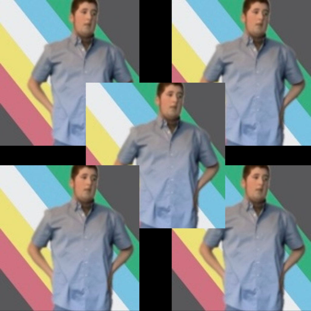 A kaleidoscopic collage of a photo of Declan standing in front of the disability pride flag