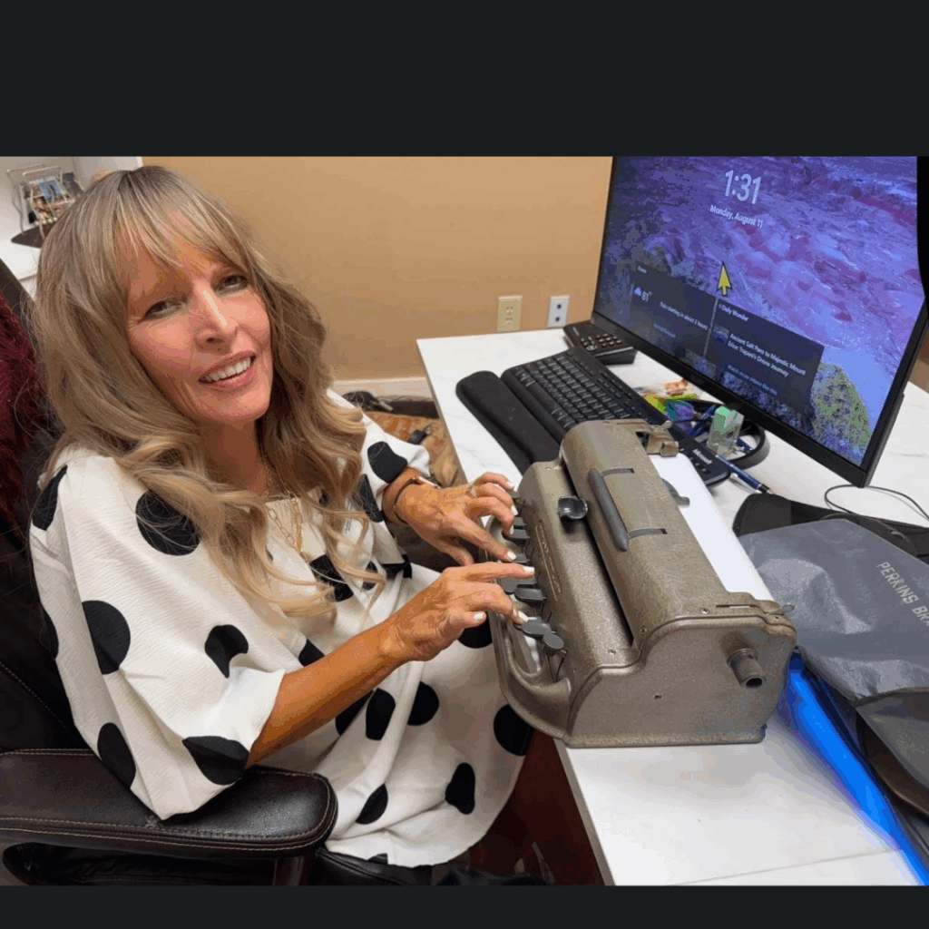 Christina, a white woman with long blond hair, sits at her desk smiling while using her Perkins Brailler