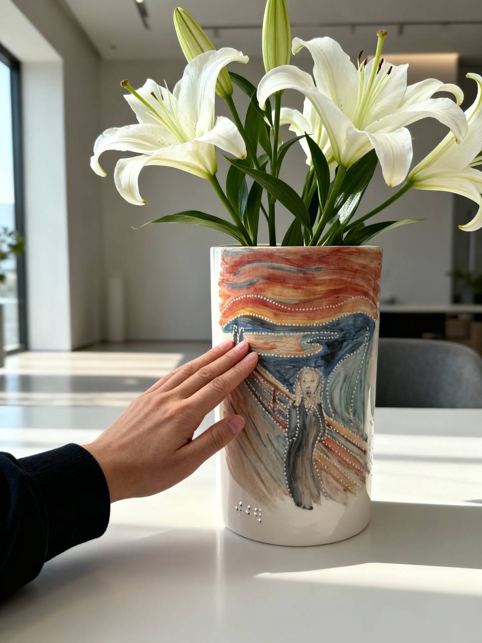 A hand reaches out to touch a vase full of flowers - the outside of the vase is a tactile replica of The Scream by Edvard Munch with a braille indicator at the bottom of the painting