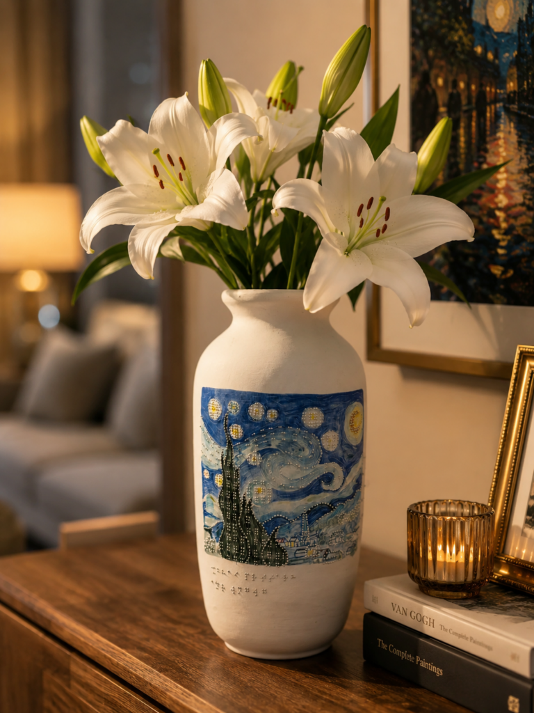 A vase full of flowers - the vase is ceramic and decorated with a tactile and braille version of Van Gogh's Starry Night